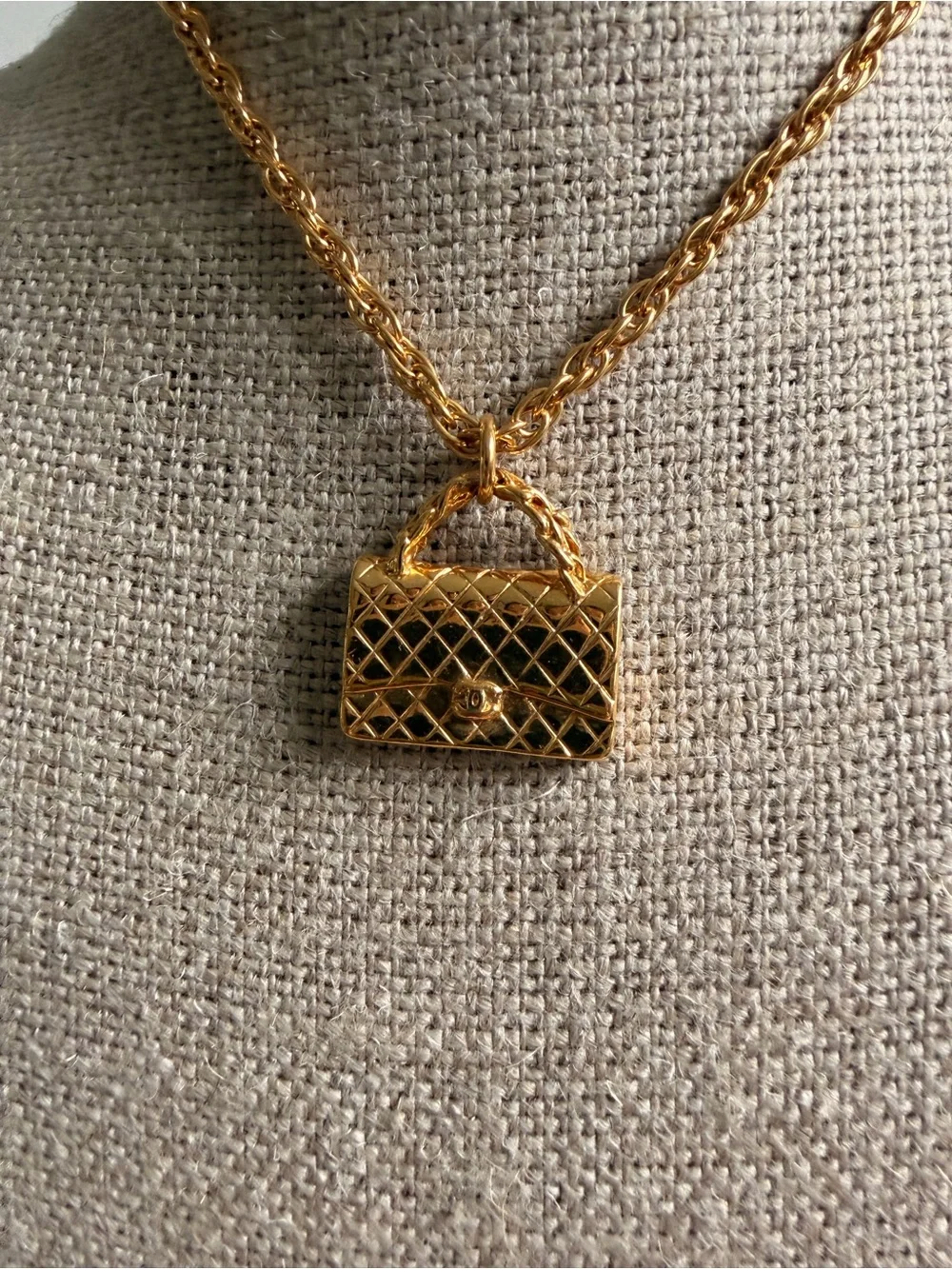 CHANEL Gold Quilted Handbag Charm Necklace